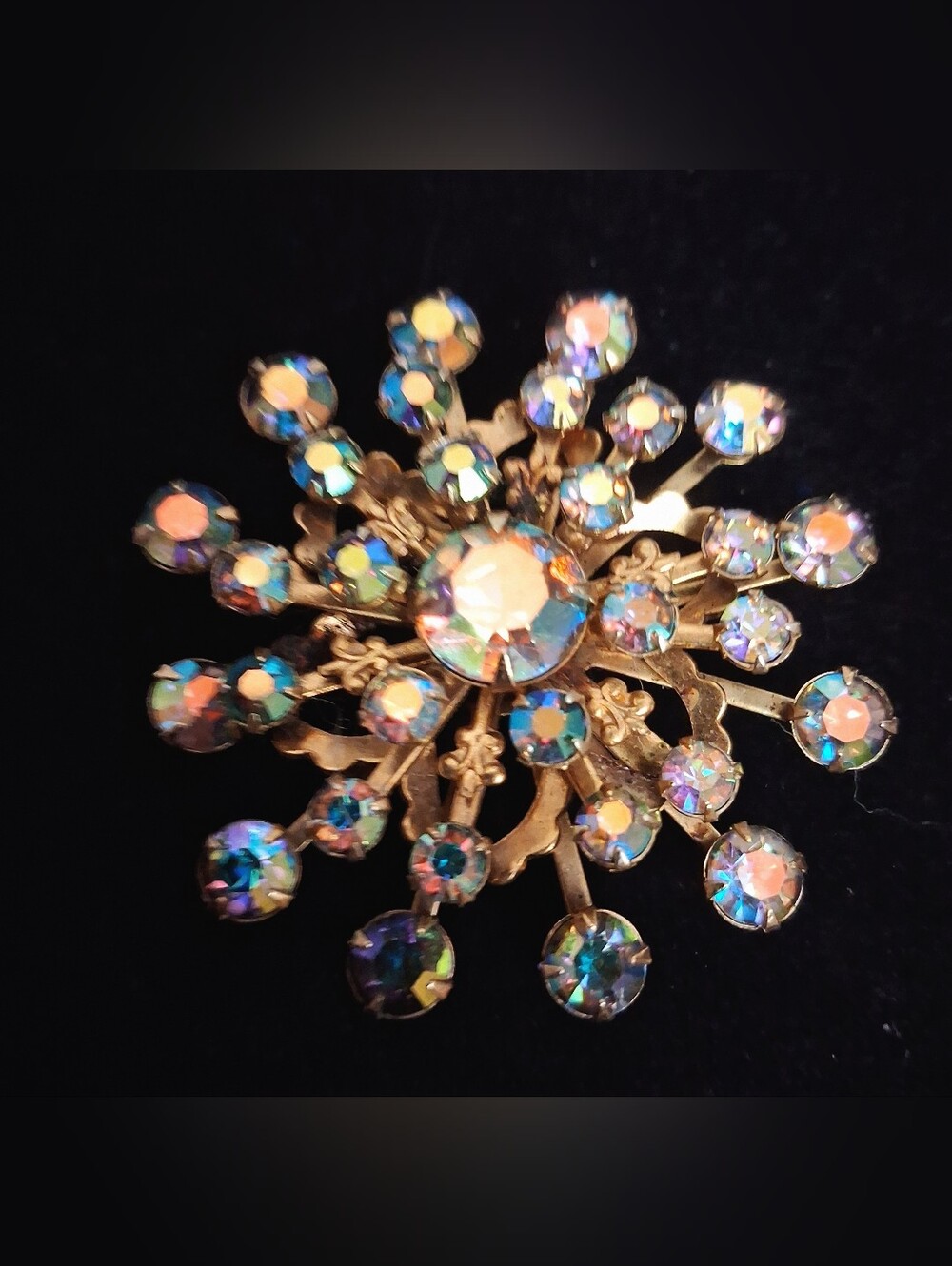 Vintage Aurora Crystal Burst Brooch - Gold Tone, 2 Inch Wide Jewel Tone Crystals